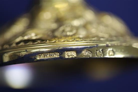 A George III silver gilt two handled presentation pedestal cup and cover by Soloman Hougham and a pair of similar goblets, 47.5 oz